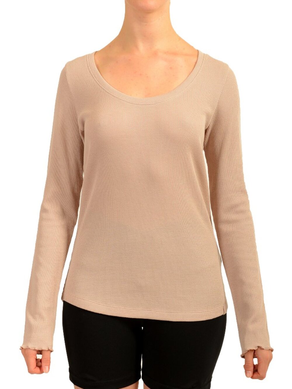 Hugo Boss Women's "Cosy Waffle" Coffee Beige Long Sleeve T-Shirt US S IT 40